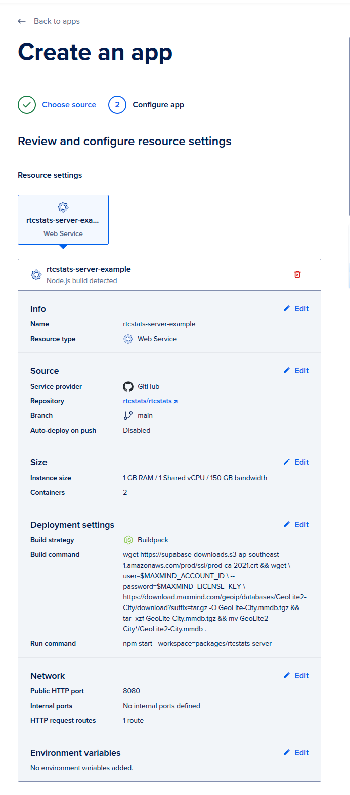 DigitalOcean Apps Platform: configure app review screen showing Web Service, 1 GB RAM size, Buildpack strategy, and run command