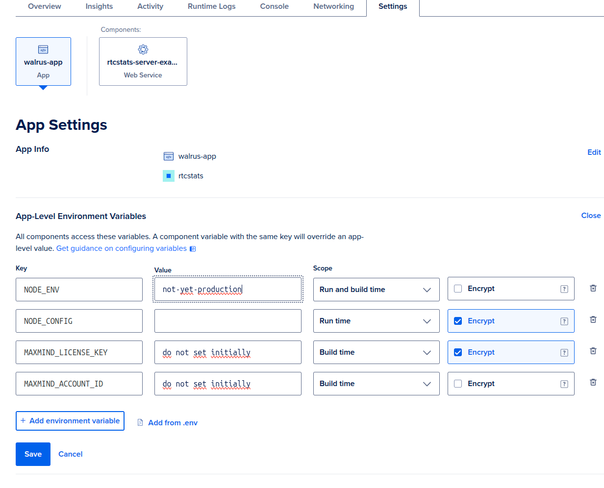 DigitalOcean Apps Platform: app-level environment variables panel with NODE_ENV set