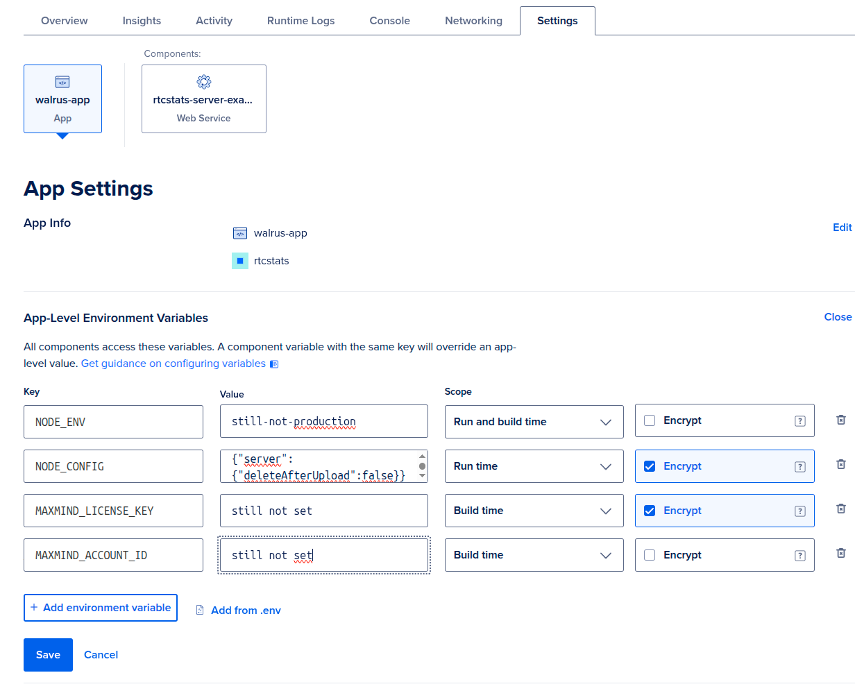 DigitalOcean Apps Platform: app-level environment variables panel after Stage 2 changes, with NODE_CONFIG filled in